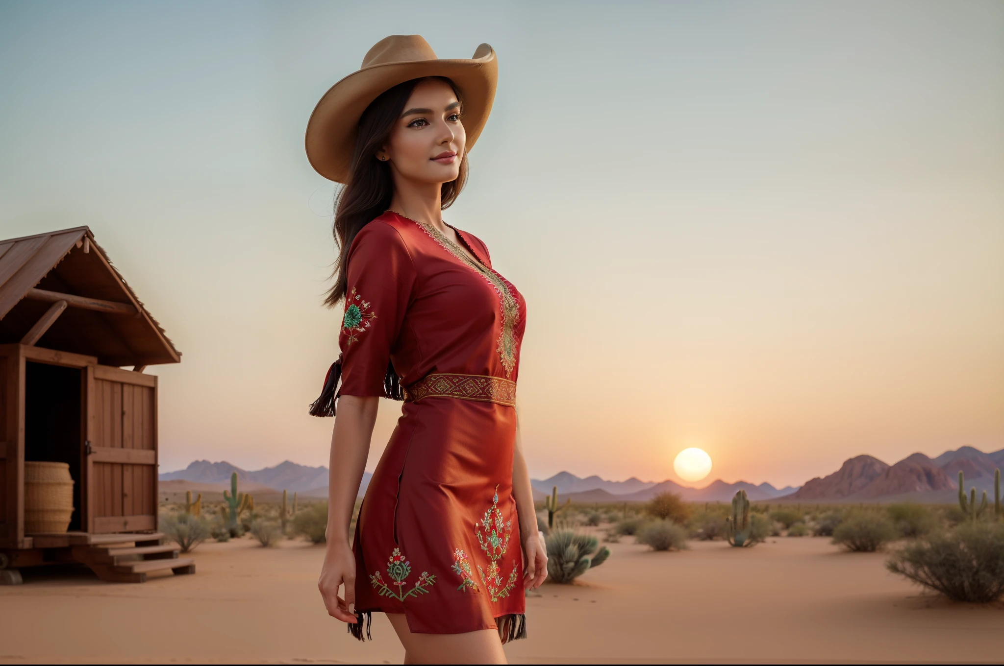 (best quality,4k,8k,highres,masterpiece:1.2), ultra-detailed, (realistic, photorealistic, photo-realistic:1.37), HDR, UHD, studio lighting, ultra-fine painting, ((full-body view:1.4)), (((1girl))),(((solo))),(((a girl alone))),(18years old),[the face is combination of (((irene1:1.2))) and (((Excella_er5:1.2)))],(sharp focus:1.5),beautiful detailed eyes,beautiful detailed lips,extremely detailed eyes and face,long eyelashes,gorgeous girl,feminine charm,pearl skin,(skin pores:1.1),extremely detailed face and skin texture,(skin texture:1.1),black hair,soft and smooth hair,tall and slender body,(192cm tall),thin and delicate figure,graceful posture,strong and defined muscles,flawless skin,defined abs,perfect curves,feminine appearance,beautiful long legs,embodying elegance and beauty,happy expression,full-smile,seductive eyes and sensual lips,large breasts,cleavage breasts,((wearing a (red:1.3) ethnic-style embroidered tunic with fringe:1.3)),(no panty:1.3),(ultra-short skirt:1.3),((see through dress:1.2)), physically-based rendering, extreme detail description, professional, vivid colors, bokeh, portraits, western, desert, cowboy hat, rustic atmosphere, dusty air, rugged landscape, wind-swept hair, warm sunlight, sunset hues, horse companion, leather boots, wooden wagon, cactus, cowgirl leaning against the wagon, confident stance, looking into the distance, vintage vibes, wind blowing her hair, solitary ambiance, serene beauty, golden hour, tranquility.
