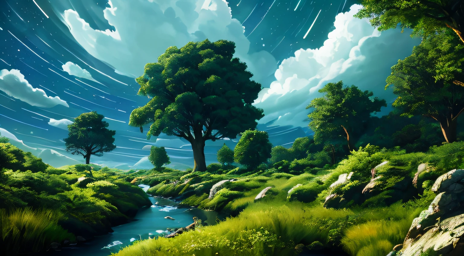 Illustration of a surreal, otherworldly, hyper sky scene including a giant crystal tree full body, highly detailed and magical lighting, intricate forest details, vegetation and surrounding river, solar punk, landscape, giant tree , beautiful green leaves, beautiful lighting and realistic proportions, as if this is a movie background, 8k, highest quality, masterpiece, clouds and stars in the sky.