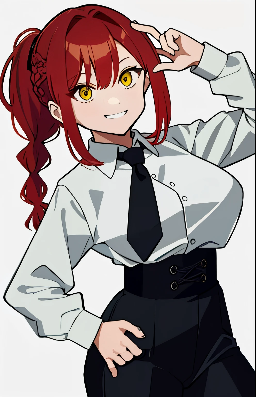 (masterpiece, best quality:1.2), makima\(chainsaw man\), smile, long sleeves, red hair, necktie, large breasts, solo, looking at viewer, thick thighs, hand on hip, pants, black pants, yellow eyes, 1girl, white shirt, braided ponytail, ringed eyes, high-waist pants, shirt, braid, shirt tucked in, simple background, white background, black necktie, collared shirt