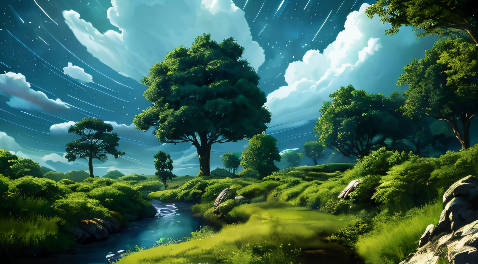 Illustration of a surreal, otherworldly, hyper sky scene including a giant crystal tree full body, highly detailed and magical lighting, intricate forest details, vegetation and surrounding river, solar punk, landscape, giant tree , beautiful green leaves, beautiful lighting and realistic proportions, as if this is a movie background, 8k, highest quality, masterpiece, clouds and stars in the sky.
