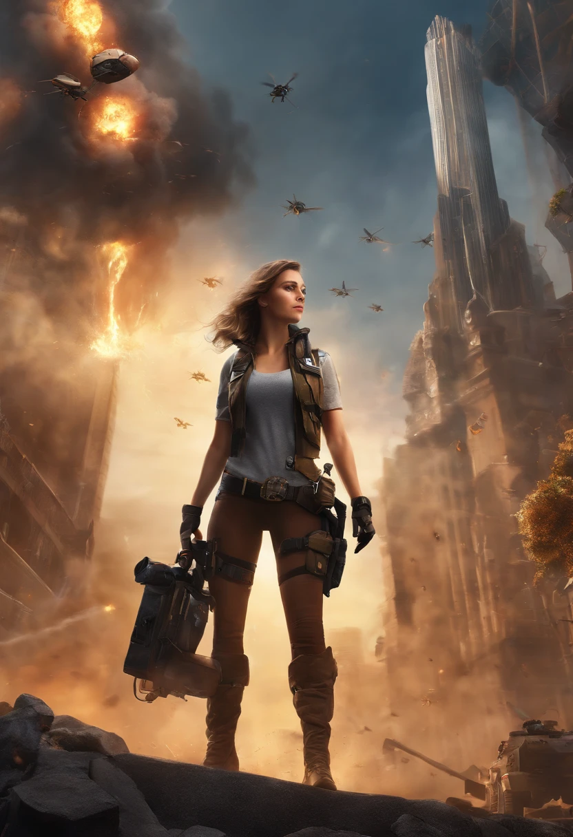 ((High Quality)), ((Masterpiece)), 8K, 2girl, bulletproof vest, rays, Extreme detailed CG unity 8K wallpaper, game cg, looking up at viewer, glove, boots, s whole body, clocks, computers, mask, male bee, holding weapon, headphones, blazer, (wallpaper destroyed city , explosions , smoke