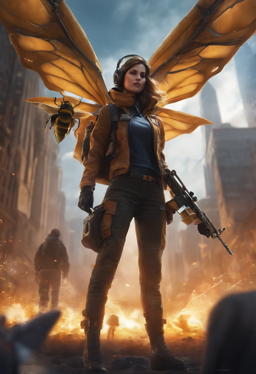 ((High Quality)), ((Masterpiece)), 8K, 2girl, bulletproof vest, rays, Extreme detailed CG unity 8K wallpaper, game cg, looking up at viewer, glove, boots, s whole body, clocks, computers, mask, male bee, holding weapon, headphones, blazer, (wallpaper destroyed city , explosions , smoke