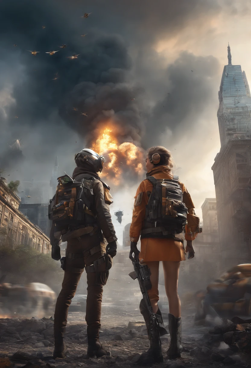 ((High Quality)), ((Masterpiece)), 8K, 2girl, bulletproof vest, rays, Extreme detailed CG unity 8K wallpaper, game cg, looking up at viewer, glove, boots, s whole body, clocks, computers, mask, male bee, holding weapon, headphones, blazer, (wallpaper destroyed city , explosions , smoke