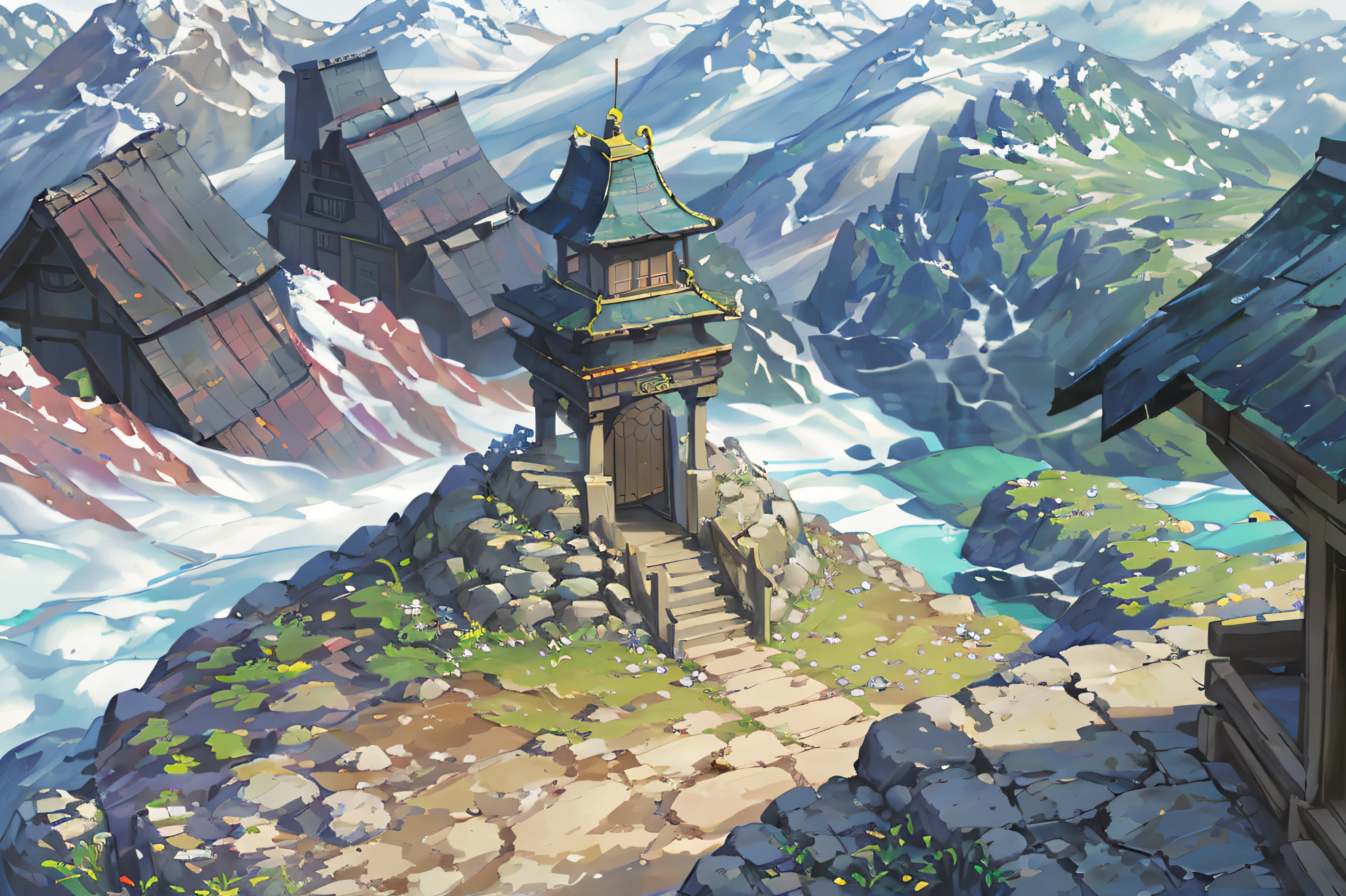 (illustrations : 1.0), Epic composition, photorealistic lighting, HD detail, masterpiece, Best quality at best, (Highly detailed CG integrated 8k wallpaper), wide and flat land, Round and small rocks placed at the top of the screen, broken rock tower, Chinese style stone pagoda, Remnants of a broken stone tower