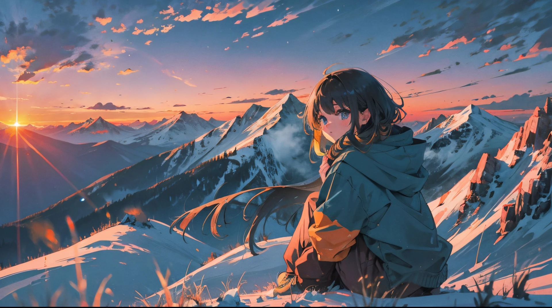 The girl watched the sunset on the top of the mountain. --auto --s2