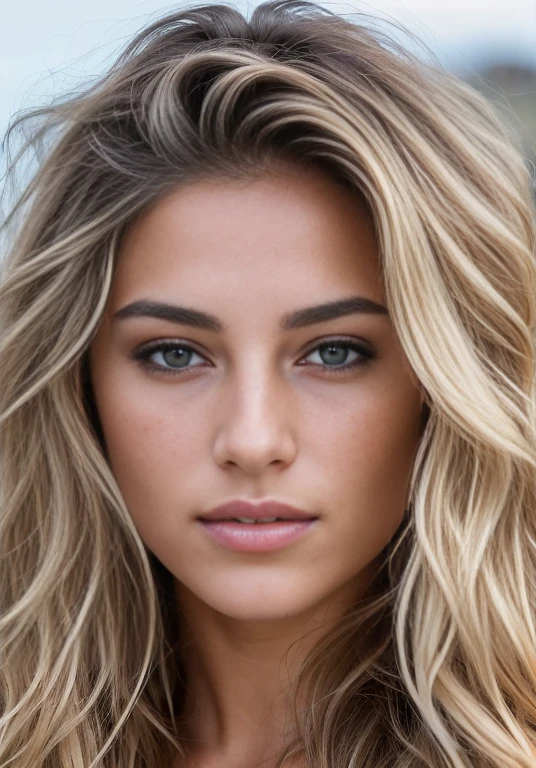 candid dark backside 3/4 face portrait photo of a beautiful 25 years old caucasian woman, (extra long wavy blonde hair blown in the wind), outside, Award - winning photograph, Masterpiece, 8k, ultra high res, hyper detailed, perfect flawless face, rule of thirds, Realistic Perfect eyes and pupils, Perfect full lips, upturned nose, highly detailed shining hair,  ((detailed facial features)), (finely detailed skin), tanned skin, skin pores, skin blemishes, realistic skin texture, intricate details, photorealism, hyperrealism, ultra realistic, lifelike textures, neutral colors, cinematic lighting, dramatic lighting, backlight on hair, sharp focus, wide angle, film grain, dslr, raw photo,