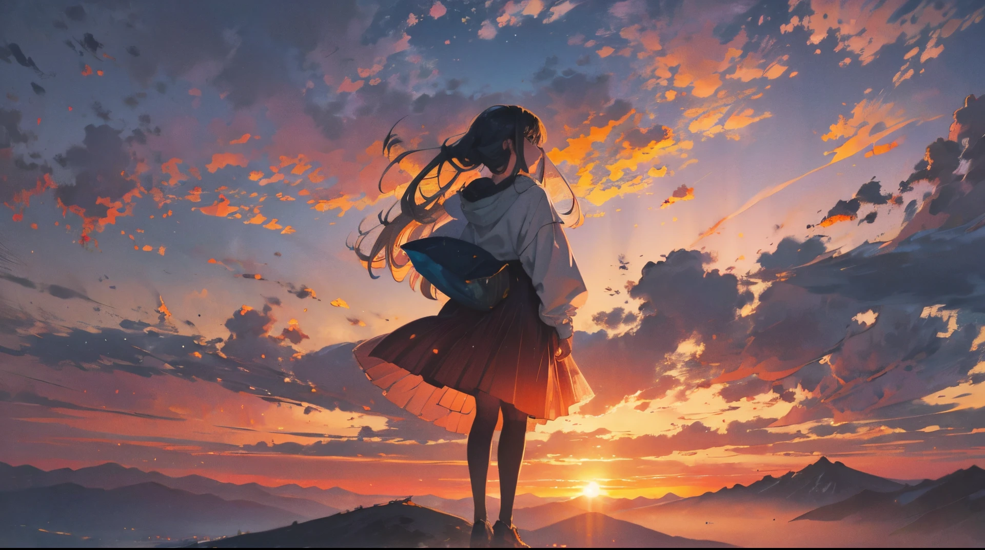The girl watched the sunset on the top of the mountain. --auto --s2
