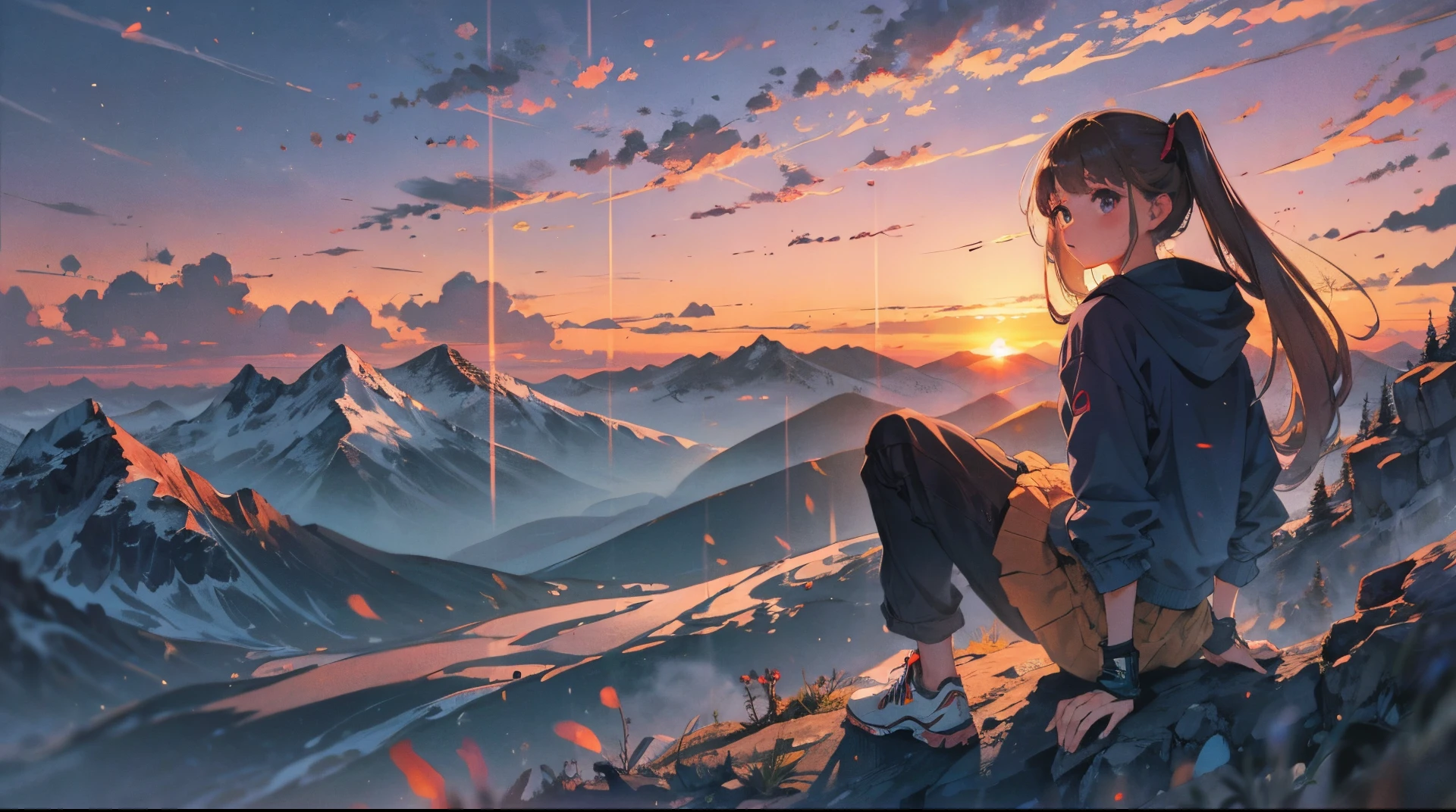 The girl watched the sunset on the top of the mountain. --auto --s2