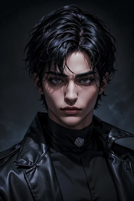 Manhwa Arte Europeo, 25 years old man, Pelo desordenado de la cabecera, Cabello negro azabache, ojos penetrantes, cejas gruesas, Llevar disfraz de vampiro, ojos amarillos, orejas punteagudas, colmillos salientes de su boca, sangre resbalando de su boca, amenazante, sexy, sensual, razor-sharp jawline, mirada penetrante, Cold and mysterious character, 8k, Detailed features, muy guapo, sonriente, actitud fiestera, ENTP, fiesta, traje de gala, cuerpo entero