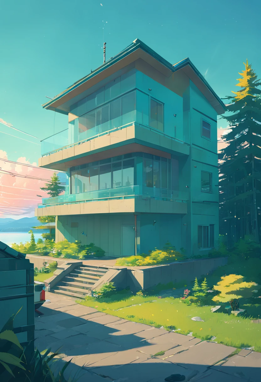 (((An amazing house))), (minimalism and brutalism style influence), (((with terraces))), (beautiful gardens), ((lake)), waterfall ((top of a samm hill)), (in edge of a river), sunset, big, deep and beautiful clouds, illustration format, cool and warm color palette, high contrast, hard shadows (Masterpiece, highest quality), (Exquisite lighting and shadow, highly dramatic picture, Cinematic lens effect), (((Simon Stålenhag visual style))) 2 level house, most walls are made of glass, 200 square meter house, First floor and second floor are not on top of each other, offset,, avantgard, future, flat roof, architecture inspired by Zaha Hadid