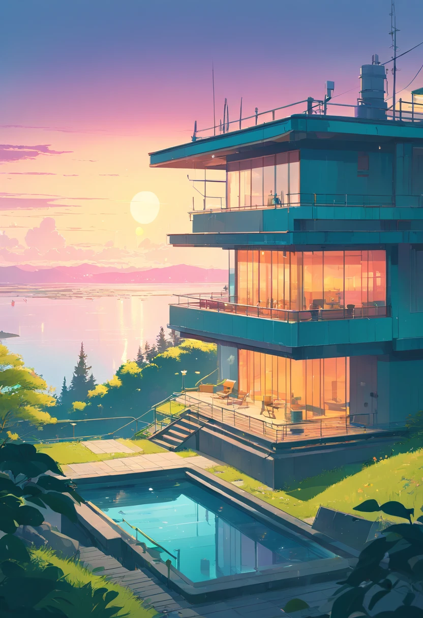 (((An amazing house))), (minimalism and brutalism style influence), (((with terraces))), (beautiful gardens), ((lake)), waterfall ((top of a samm hill)), (in edge of a river), sunset, big, deep and beautiful clouds, illustration format, cool and warm color palette, high contrast, hard shadows (Masterpiece, highest quality), (Exquisite lighting and shadow, highly dramatic picture, Cinematic lens effect), (((Simon Stålenhag visual style))) 2 level house, most walls are made of glass, 200 square meter house, First floor and second floor are not on top of each other, offset,, avantgard, future, flat roof, architecture inspired by Zaha Hadid