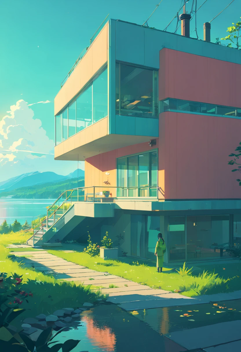 (((An amazing house))), (minimalism and brutalism style influence), (((with terraces))), (beautiful gardens), ((lake)), waterfall ((top of a samm hill)), (in edge of a river), sunset, big, deep and beautiful clouds, illustration format, cool and warm color palette, high contrast, hard shadows (Masterpiece, highest quality), (Exquisite lighting and shadow, highly dramatic picture, Cinematic lens effect), (((Simon Stålenhag visual style))) 2 level house, most walls are made of glass, 200 square meter house, First floor and second floor are not on top of each other, offset,, avantgard, future, flat roof, architecture inspired by Zaha Hadid