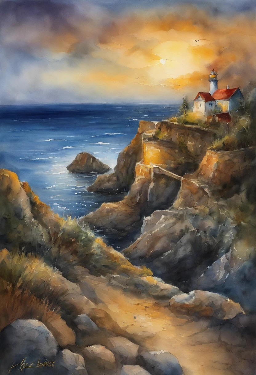 (tmasterpiece),(Best quality at best:1.0), (Ultra-high sharpness:1.0), detailed descriptions, 10, the night,Starlight,A lighthouse lights up on the edge of a beautiful high cliff, Under the lighthouse,Man in a suit,woman wearing wedsan,couple,propose,Turnkillo Day, There are shore boats and remote frames., Display sea depth.Sea water is divided into 2 colors,yellow and blue coloration。
