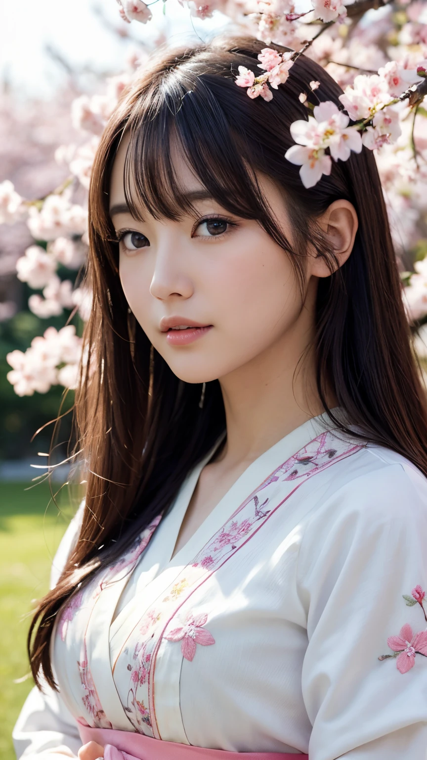 (A logo、​masterpiece、8K、masutepiece、Raw photo、Fantastic、Best Quality、Photorealistic、extremely detailed CG unified 8k wallpaper、hightquality、ighly detailed、epic poem、Particle effect、Dynamic effects、depth of fields、Cinematic Light、Lens Flare、Ray tracing)、Fantasia、 (Beauty 1 person、White Japanese Clothing、Japanese dress、White cherry blossom pattern、White cherry blossom embroidery pattern、A dark-haired、Beautiful face、Real Face、Beautiful detail eyes、Beautiful skin)、Hair flutters in the wind、Hair jumps、Pink cherry blossom tree、Petals flutter、Sakura blizzard、Superb view、morning glow、Sun in the background、the wind、Deities、tusk、myth、Vast Land、