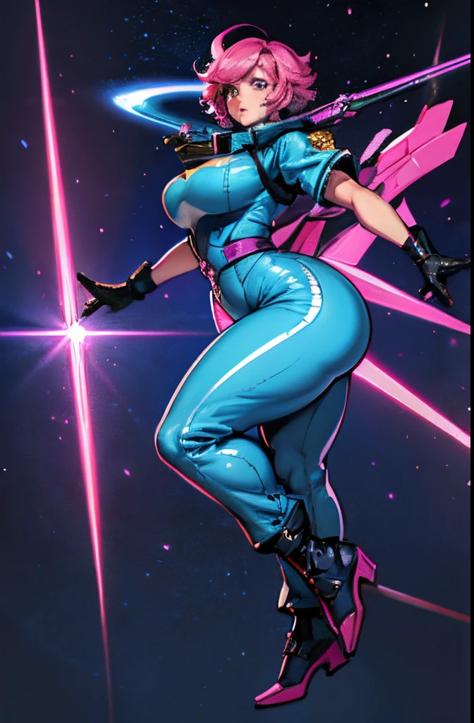 mature female, very tall, she is holding a laser sword, full body, plump body, thick hips, huge butt, very thick legs, small cheast, fighter pose, short pink hair, wearing blue jumpsuit, black gloves, stars background, high res, ultrasharp, 4k