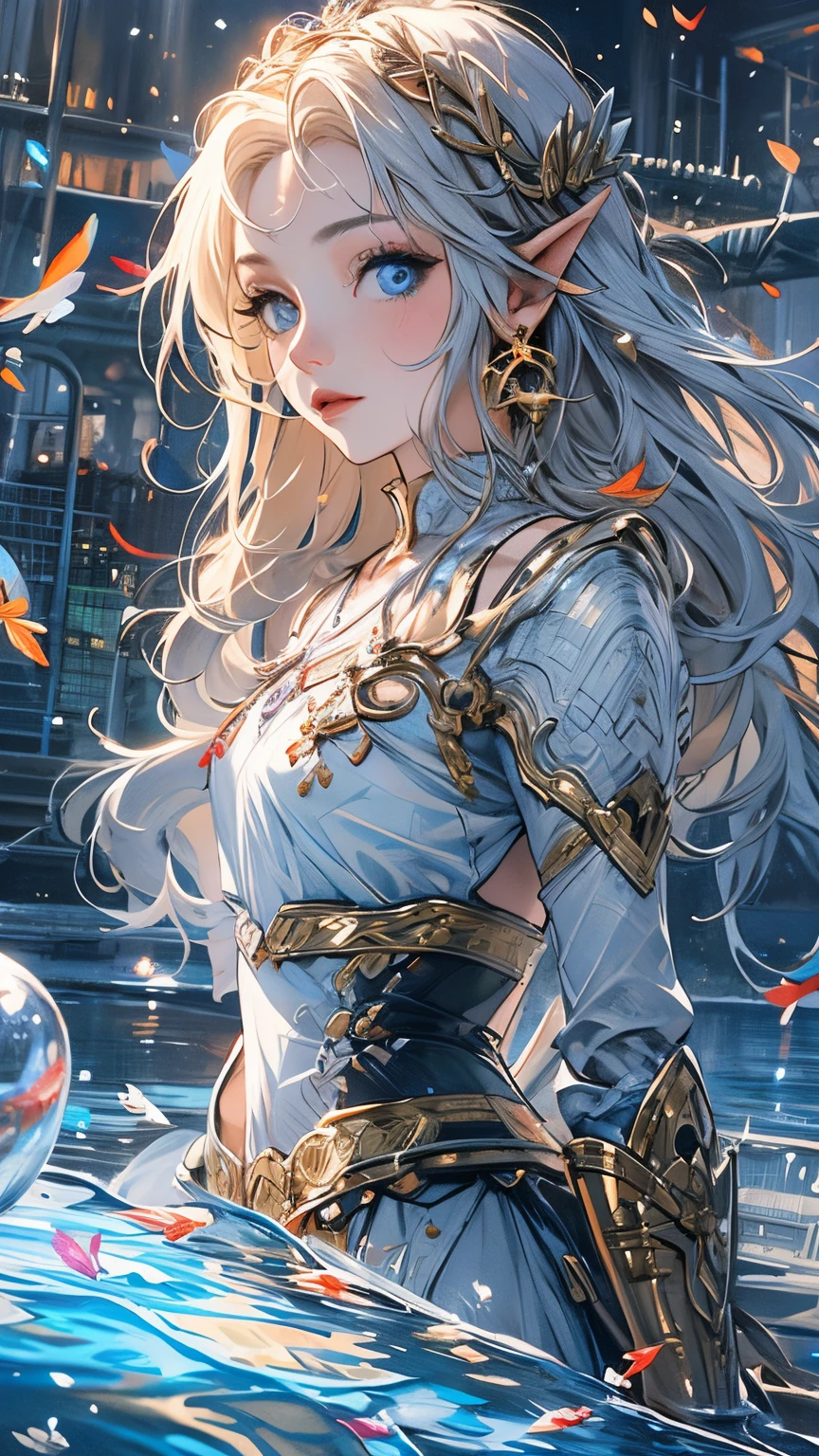 A woman with long hair and blue eyes standing in water - SeaArt AI