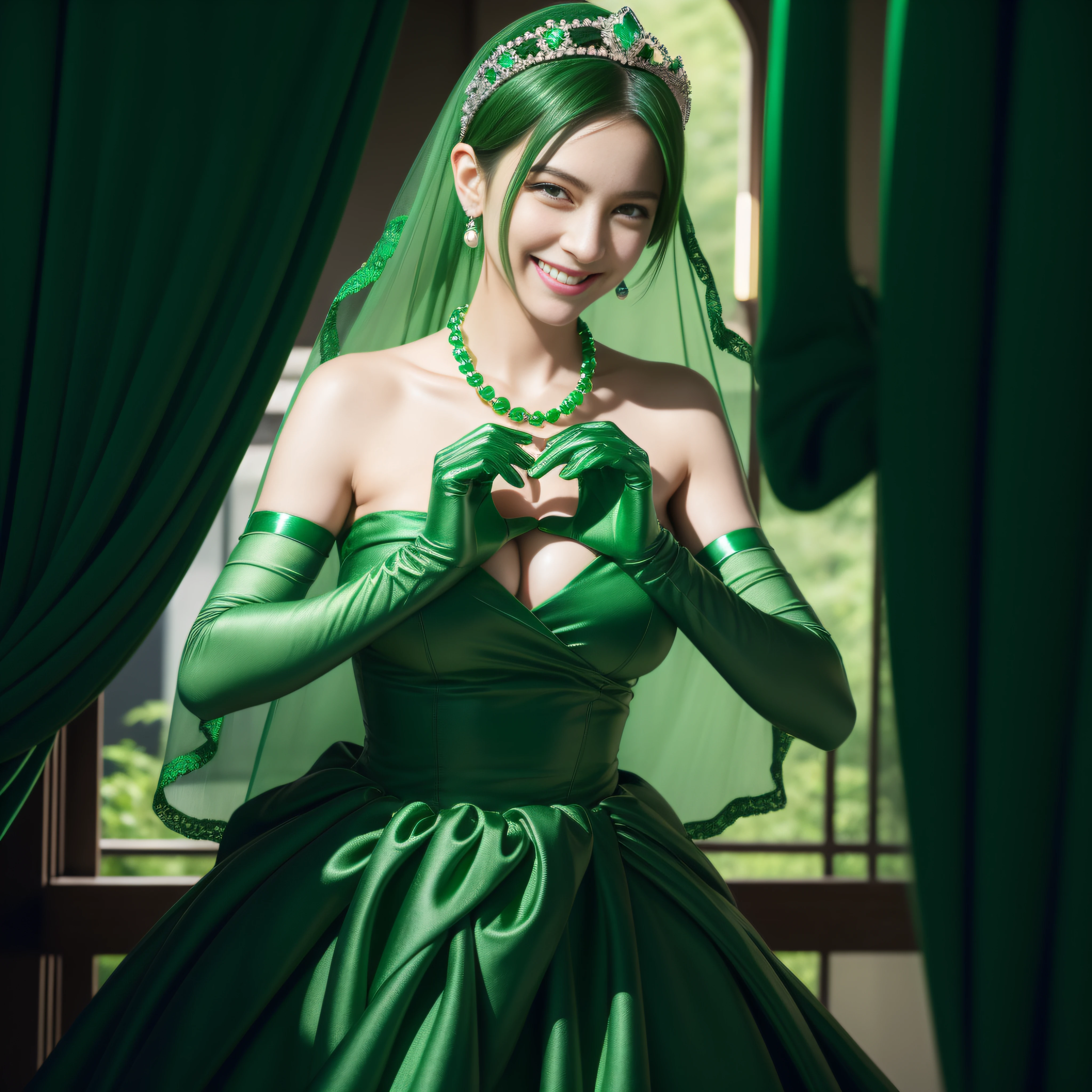 emerald tiara, Green Pearl Necklace, Boyish very short green hair, lipsticks, Japan woman smiling, very short short hair, big breasts beautiful, Green eyes, Long green gloves made of satin material, Green eyes, Emerald Earrings, green vale, Heart with both hands