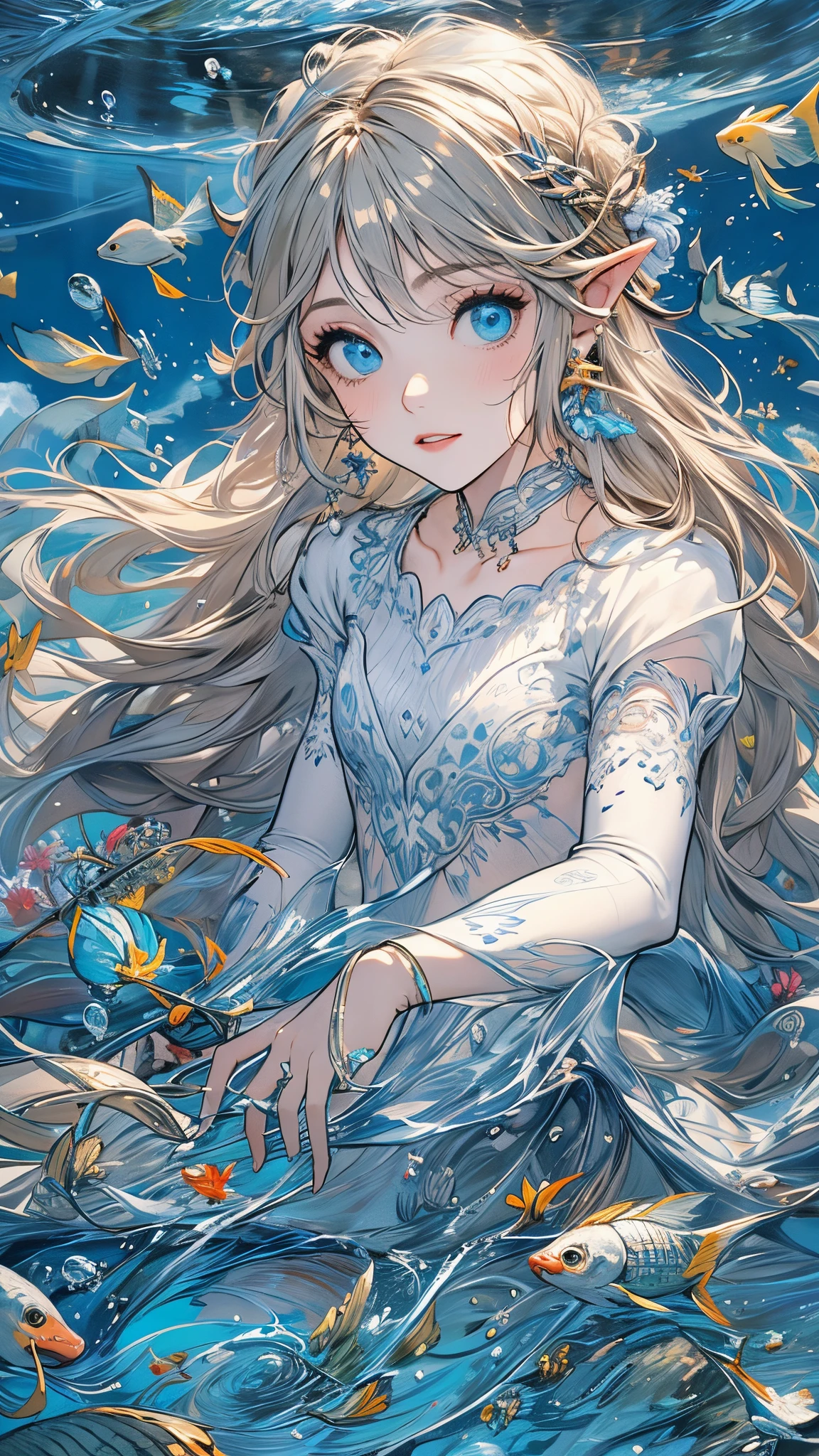"(Best quality at best,4K,8K,A high resolution,tmasterpiece:1.2), ultra - detailed,(actual,realisticlying,Photorealistic:1.37), Impresionismo, under the water, iris compiet, airbubble, Flat-chested girl, The fish, Long gray hair, floods, Solitude, Eau, A princess, blond hair blue eyes, short- sleeved, eBlue eyes, fairies, Legend of Zelda, jewely, CG, kingdom city background, Ancient machinery, diadems, Efeito de Luz."