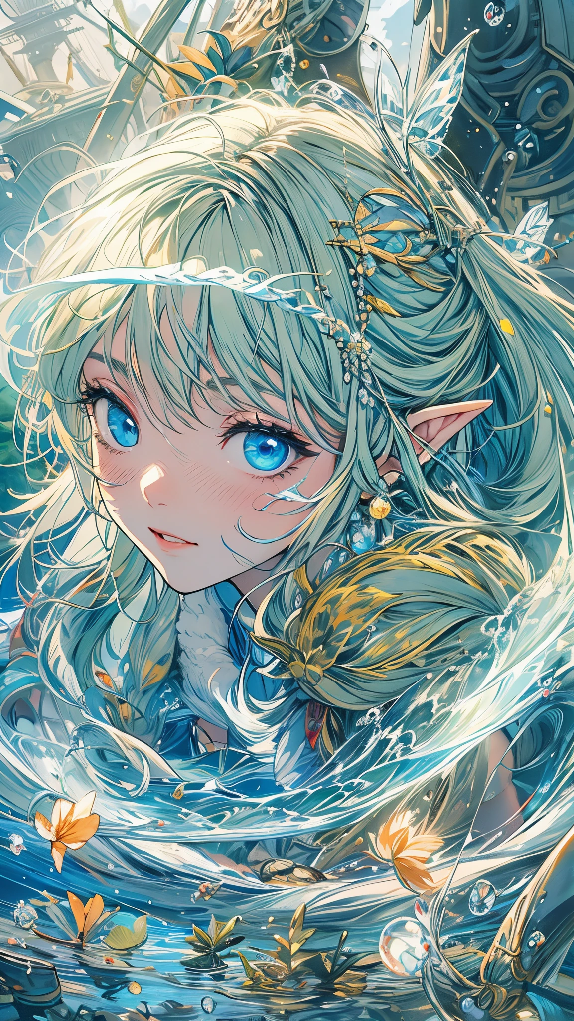 "(Best quality at best,4K,8K,A high resolution,tmasterpiece:1.2), ultra - detailed,(actual,realisticlying,Photorealistic:1.37), Impresionismo, under the water, iris compiet, airbubble, Flat-chested girl, The fish, Long gray hair, floods, Solitude, Eau, A princess, blond hair blue eyes, short- sleeved, eBlue eyes, fairies, Legend of Zelda, jewely, CG, kingdom city background, Ancient machinery, diadems, Efeito de Luz."