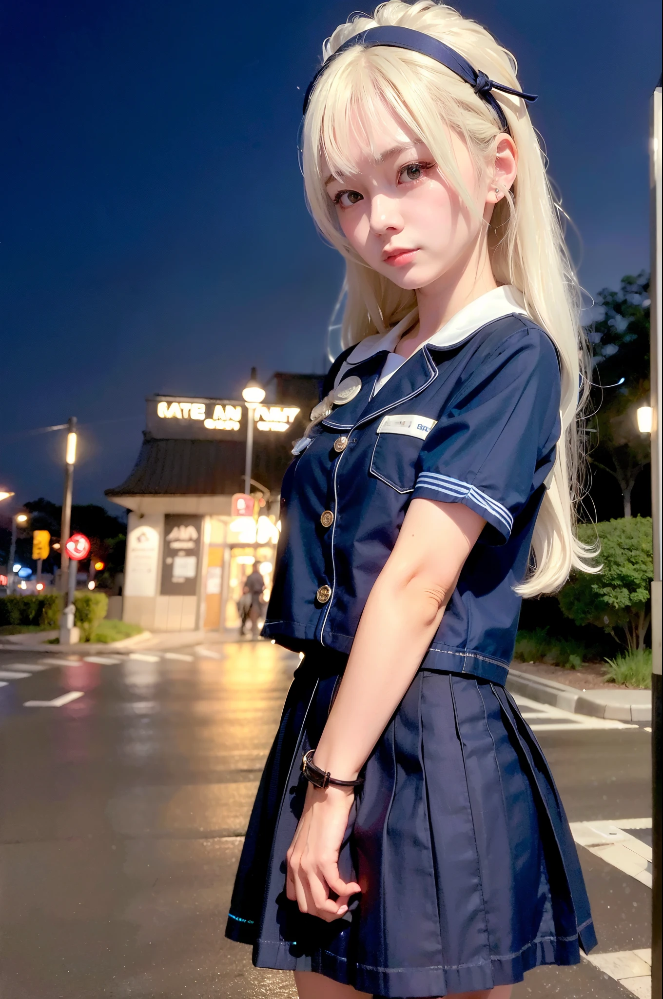 (8K, RAW photos, Best quality, Proficient:1.3),(actual,realisticlying:1.37),(natta),(looking at viewert:1.331),(White hair),placed in a,street Tokyo,nighttime scene,The city of cyberpunk ,gentlesoftlighting,1 busty girl,Nice face,(medium bust 1:1.5),putdownhands,casual hair,The expression is very casual,largeeyes,,arwen,(l Short-sleeved Jiekang_sailors),Kangjie_Stylized,(Navy Blue Jaken_a skirt),(Gong Jiekang_tics),mix4