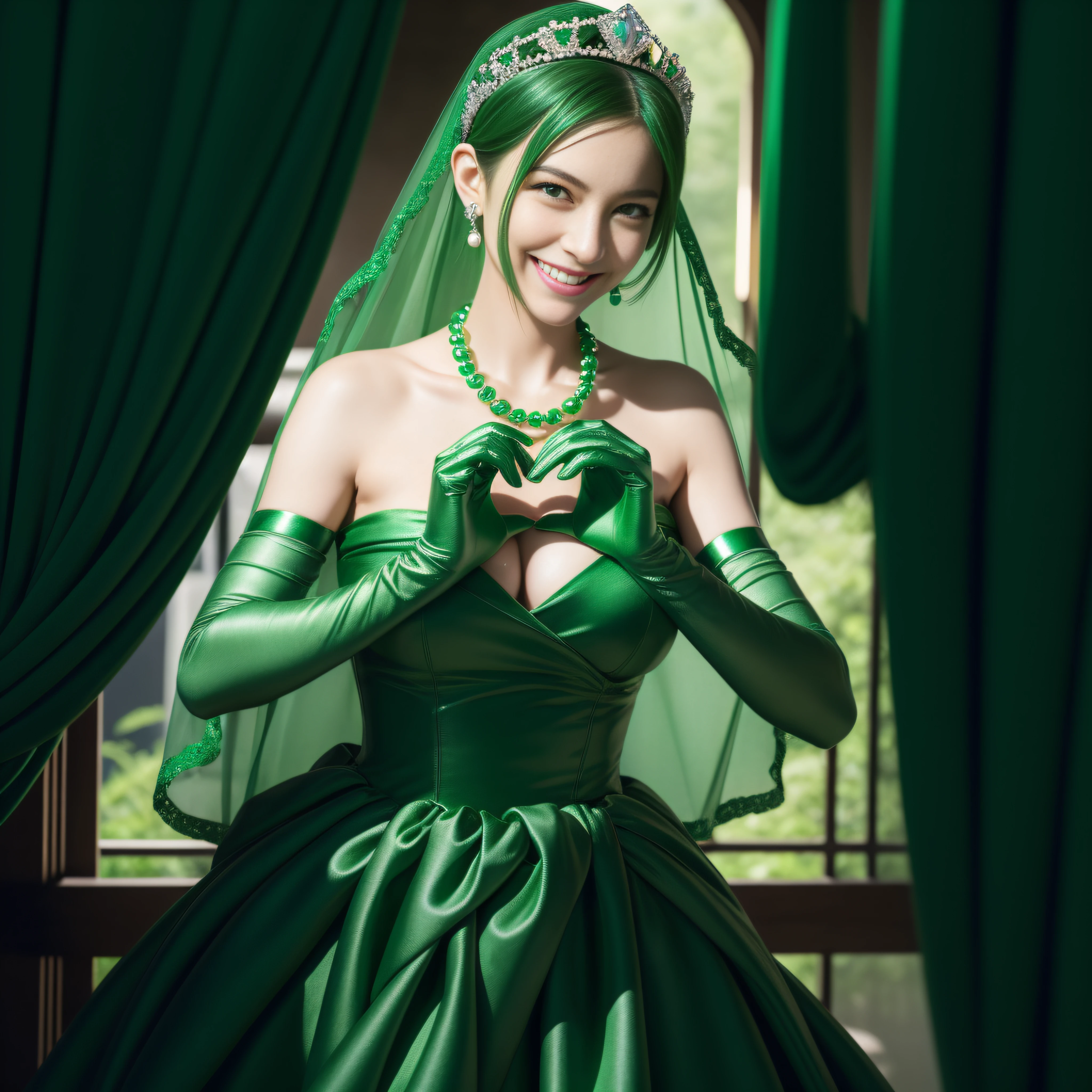 emerald tiara, Green Pearl Necklace, Boyish very short green hair, lipsticks, Japan woman smiling, very short short hair, big breasts beautiful, Green eyes, Long green gloves made of satin material, Green eyes, Emerald Earrings, green vale, Heart with both hands