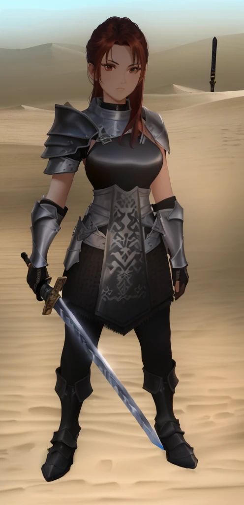 ((Masterpiece, highest quality)), a close up of a person with a sword in a desert, pale black armor, north adult female warrior, warrior outfit, desert breathing armor, wearing leather assassin armor, oblivion armor, brown heavy armor, black and reddish color armor, brown armor, red hair, dark red eyes, hoding sword, straight across tops clothes