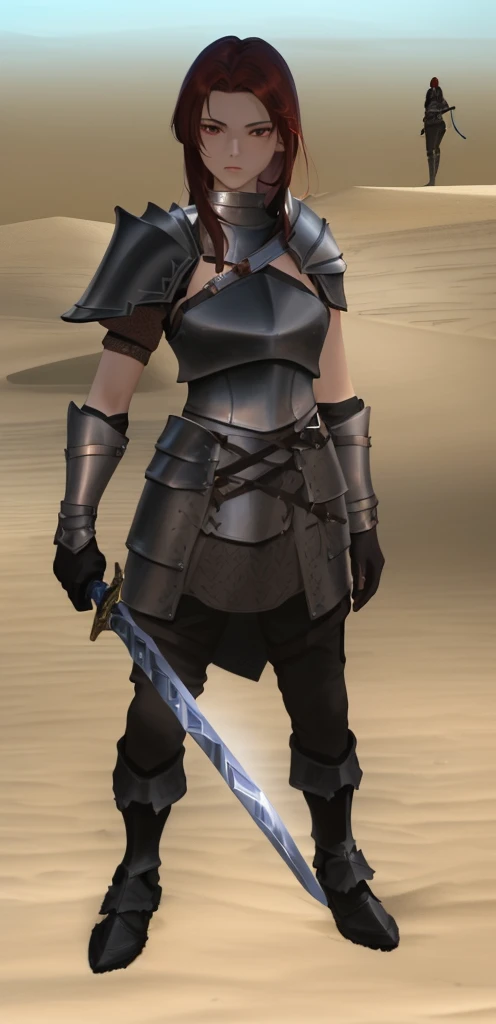 ((Masterpiece, highest quality)), a close up of a person with a sword in a desert, pale black armor, north adult female warrior, warrior outfit, desert breathing armor, wearing leather assassin armor, oblivion armor, brown heavy armor, black and reddish color armor, brown armor, red hair, dark red eyes, hoding sword, straight across tops clothes