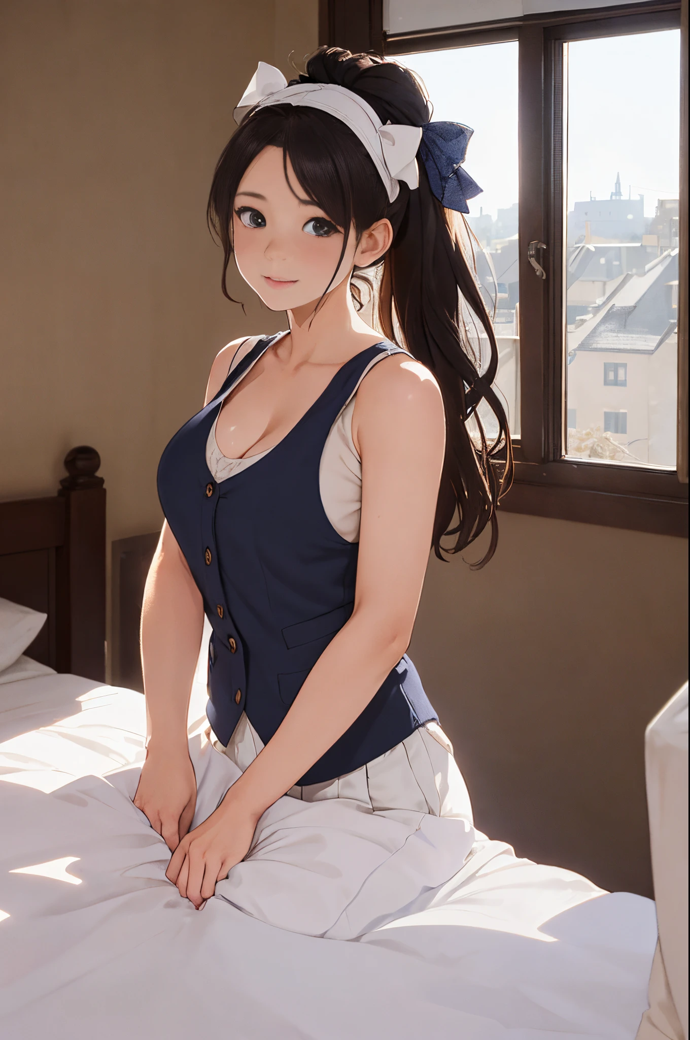 1 busty girl，Young woman，vests，Bare shoulders，Wear a bow on your head，photore，realistically，Best quality at best，Detailed faces，Room on the bed，The building outside the window，detailed back ground，Diffused sunlight，depth of fields，in background bokeh