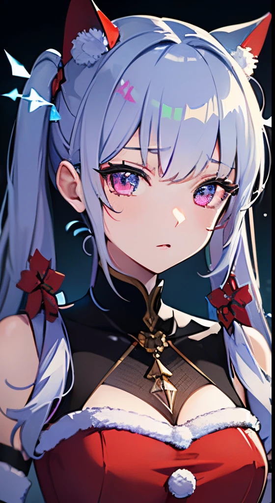 (masterpiece、top-quality、ultra-detailliert、Best Shadows)、(细致背景)、(beautifull detailed face)、highly contrast、(The best lighting、extremely delicate and beautiful)、((Cinematic Light))、colourfull、Hyper-detailing、Dramatic light、intricate detailes、(1girl in、独奏、silber hair、Twintail、Sharp face、a purple eye、Ribbons in the hair、((santa costume))、Liquid splattering、Frozen ruins、depth of fields、Particles of light、(Broken glass)、Blue Neon、lip stick、Glossy lips、In the eyes、Like glasswork、neon color、(((full body Esbian)))、detailed santa clothes、purple neon、sexy pose、Crystal Effects,red santa outfit,cute santa clothes,a small face