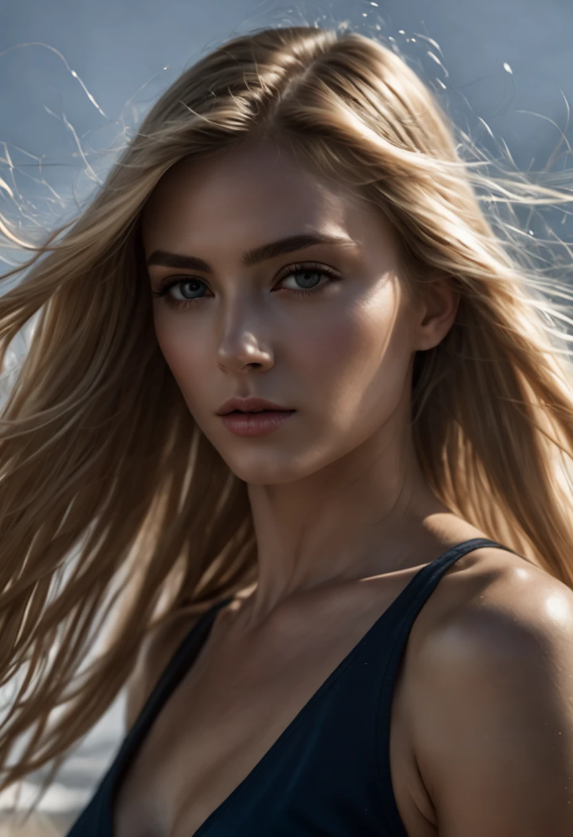 candid dark backside 3/4 face portrait photo of a beautiful 25 years old caucasian woman, (extra long wavy blonde hair blown in the wind), outside, Award - winning photograph, Masterpiece, 8k, ultra high res, hyper detailed, perfect flawless face, rule of thirds, Realistic Perfect eyes and pupils, Perfect full lips, upturned nose, highly detailed shining hair, ((detailed facial features)), (finely detailed skin), tanned skin, skin pores, skin blemishes, realistic skin texture, intricate details, photorealism, hyperrealism, ultra realistic, lifelike textures, neutral colors, cinematic lighting, dramatic lighting, backlight on hair, sharp focus, wide angle, film grain, dslr, raw photo,