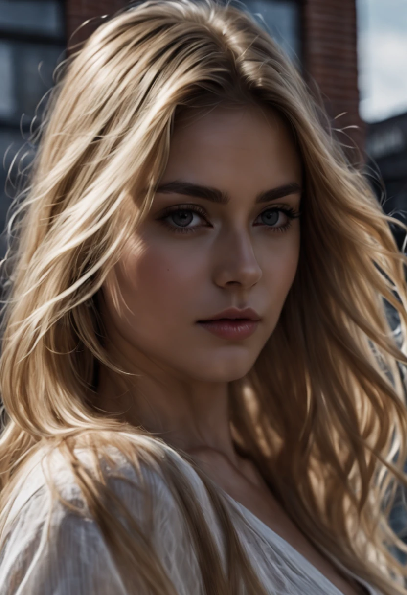 candid dark backside 3/4 face portrait photo of a beautiful 25 years old caucasian woman, (extra long wavy blonde hair blown in the wind), outside, Award - winning photograph, Masterpiece, 8k, ultra high res, hyper detailed, perfect flawless face, rule of thirds, Realistic Perfect eyes and pupils, Perfect full lips, upturned nose, highly detailed shining hair, ((detailed facial features)), (finely detailed skin), tanned skin, skin pores, skin blemishes, realistic skin texture, intricate details, photorealism, hyperrealism, ultra realistic, lifelike textures, neutral colors, cinematic lighting, dramatic lighting, backlight on hair, sharp focus, wide angle, film grain, dslr, raw photo,