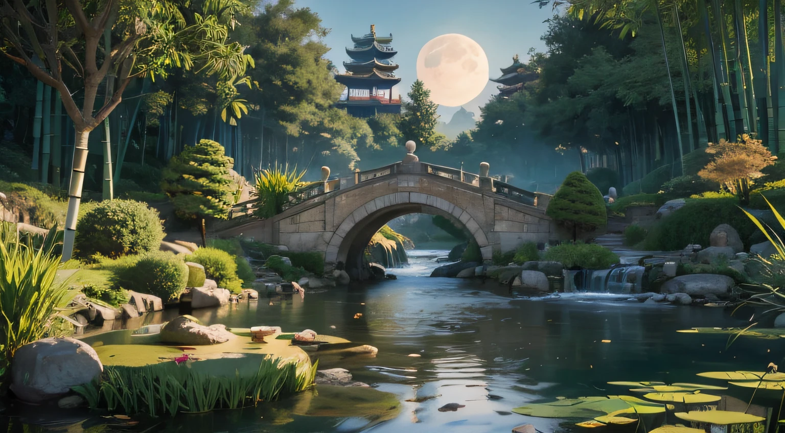 9:16 Full picture, ancient Chinese architecture, hazy moon, night, garden, bamboo, lake, stone bridge, rockery, arch, corner, rockery, tree, running water, landscape, outdoor, waterfall, grass, rock, water lily, hot spring , Water Vapor, (Illustration: 1.0), Epic Composition, Detail Enhancement, Detail Enhancement. Realistic lighting, HD details, masterpiece, best quality, (very detailed CG unity 8k wallpaper), (best quality)