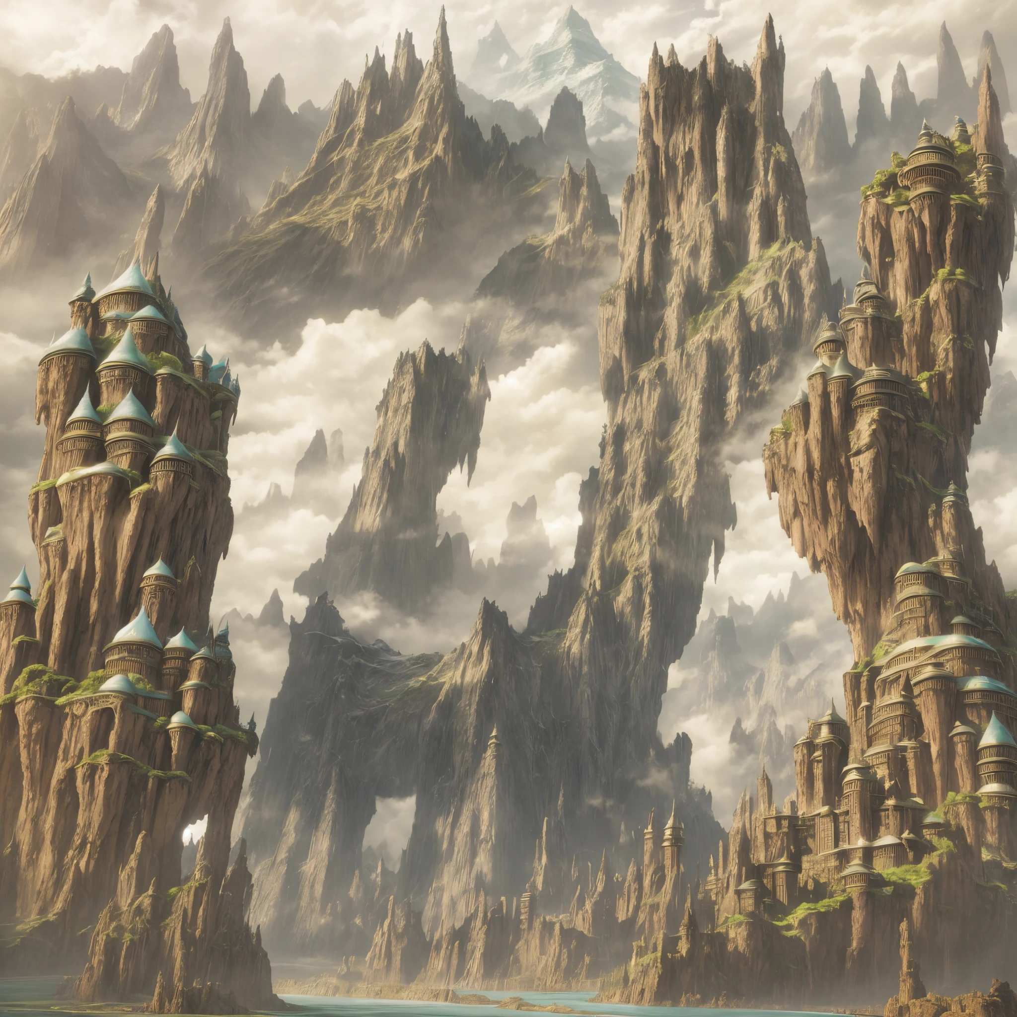 There is a picture of a mountain with a river, Large and structured Valhalla City, intricate landscapes, Symmetrical fantasy landscape, mountain fortress city, Floating Mountains, detailed matte fantasy painting, High Fantasy Landscape, fantasy city background, Final Fantasy VLL World Concept, Fractal Landscape, anime scenery concept art, impressive fantasy landscape, Complex environments