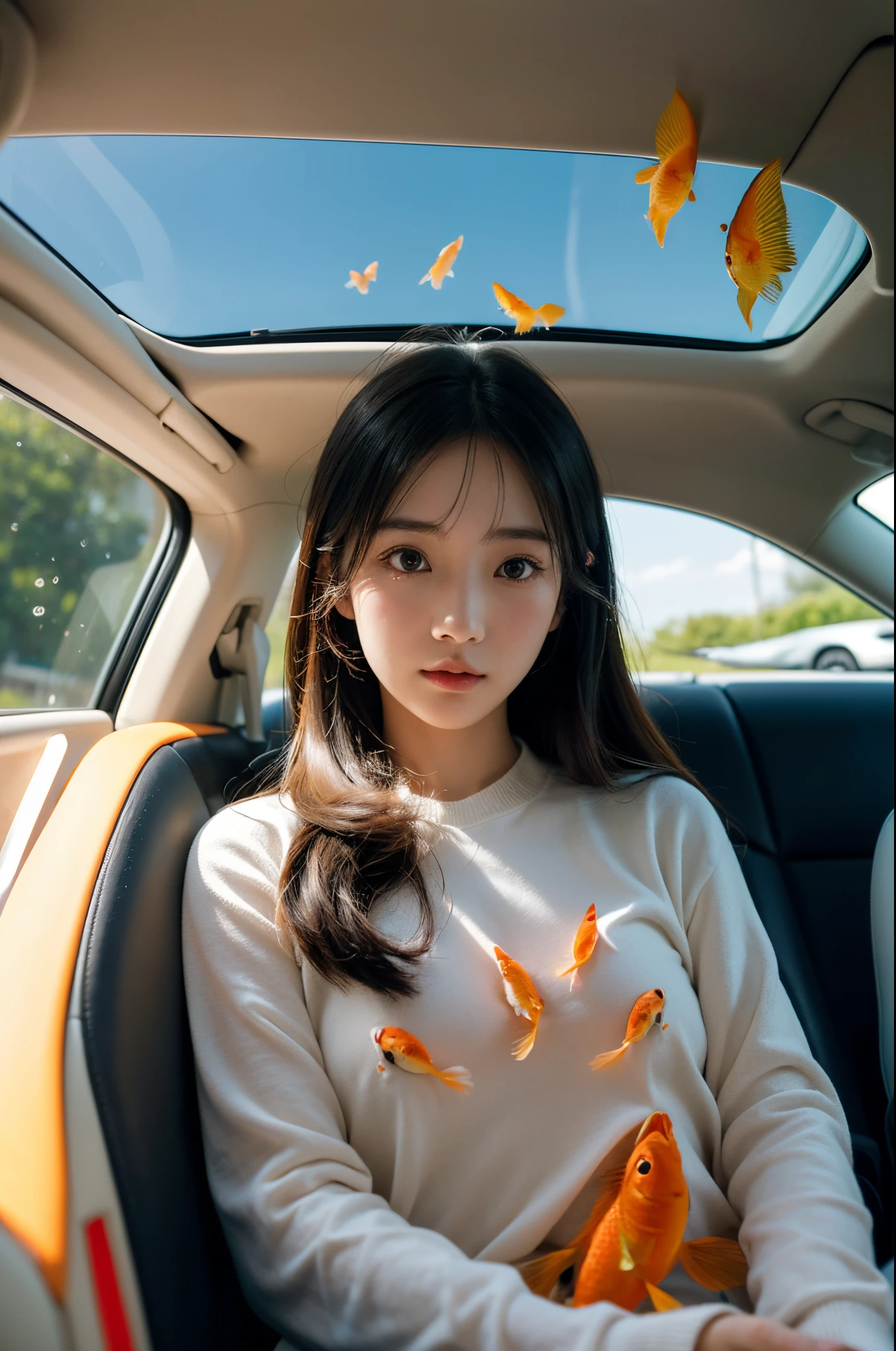 Girl in car full of goldfish and flowers.The art of Hitoko Kawauchi.Goldfish can fly.Natural poses, body extension, dadcore for vacation ,energy and pressure of youth.Goldfish simulation film in the sky.Dreamlike high photography.A riot of colour.Interior scenes, shot on XT4.super detail.