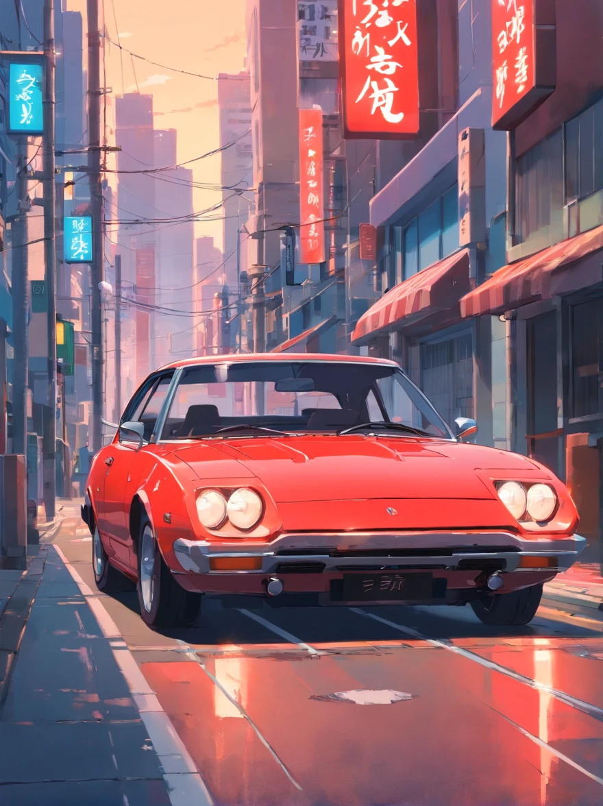 obra-prima, melhor qualidade, filme ainda, a turned car, neon red color, andando pela estrada