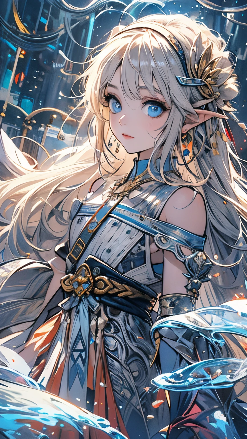"(Best quality,4K,8K,A high resolution,tmasterpiece:1.2), ultra - detailed,(actual,realistically,realisticlying:1.37), Impresionismo, Under water, iris compit, airbubble, Flat-chested girl, The fish, Long gray hair, floods, Solitude, Eau, A princess, blond hair blue eyes, short- sleeved, eBlue eyes, fairies, Legend of Zelda, jewely, CG, kingdom city background, Ancient machinery, diadems, Light effect."