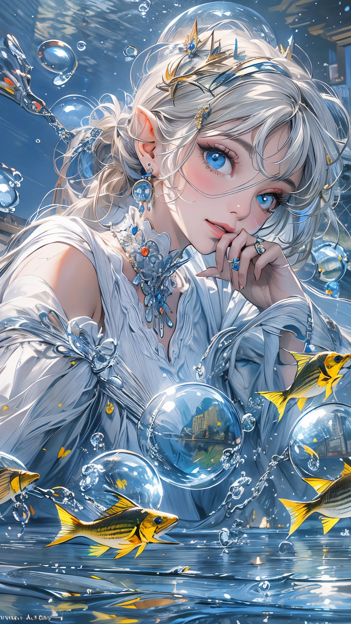 "(Best quality,4K,8K,High-resolution,Masterpiece:1.2), Ultra-detailed,(Realistic,Photorealistic,Photo-realistic:1.37), Impressionist, Underwater, Iris, Bubbles, Flat-chested girl, Fish, Long gray hair, Flood, Solitude, Water, Princess, Blonde with blue eyes, Short sleeves, Blue eyes, Fairies, The Legend of Zelda, Jewelry, CG, Detailed hands, Kingdom city background, Ancient machinery, Crown, Lighting effects."
