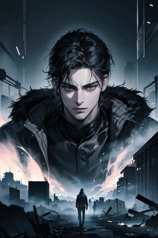 (best quality detailed image beautiful image 8K photorealistic dramatic lighting 1:1) (digital art digital illustration) (camera focused on face) (cold colors dim lighting) Art Manhwa 29 year old man very handsome black hair black clothes black eyes (piercing gaze cold expression perfect face perfect lines) walking in a chaotic dystopia setting