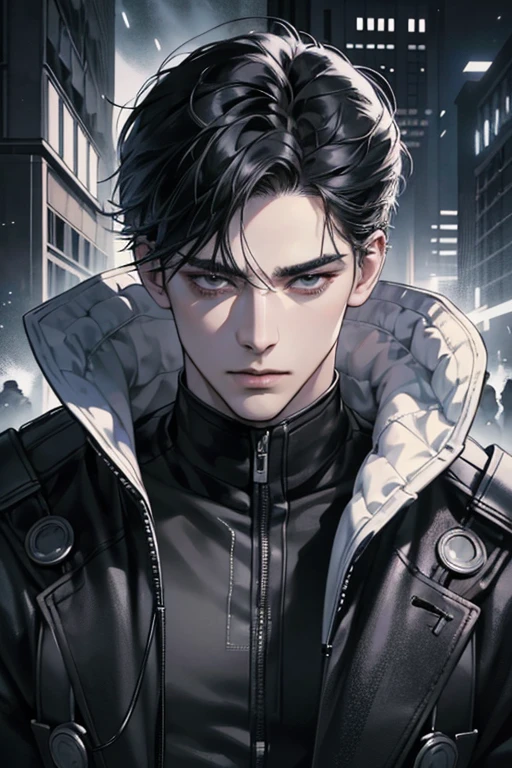 (best quality detailed image beautiful image 8K photorealistic dramatic lighting 1:1) (digital art digital illustration) (camera focused on face) (cold colors dim lighting) Art Manhwa 29 year old man very handsome black hair black clothes black eyes (piercing gaze cold expression perfect face perfect lines) walking in a chaotic dystopia setting