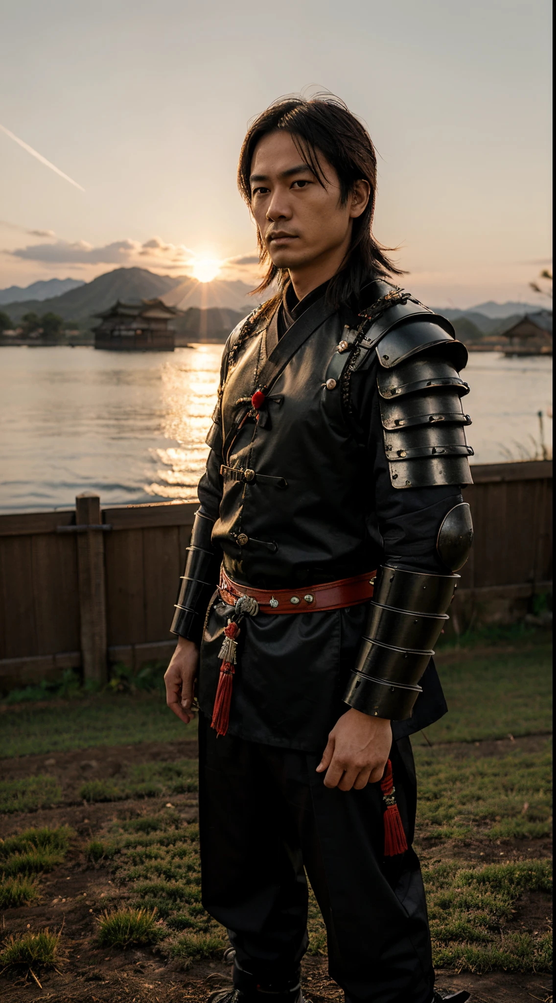 Akio, adorned in traditional samurai armor, standing stoically against a backdrop of a rising sun.