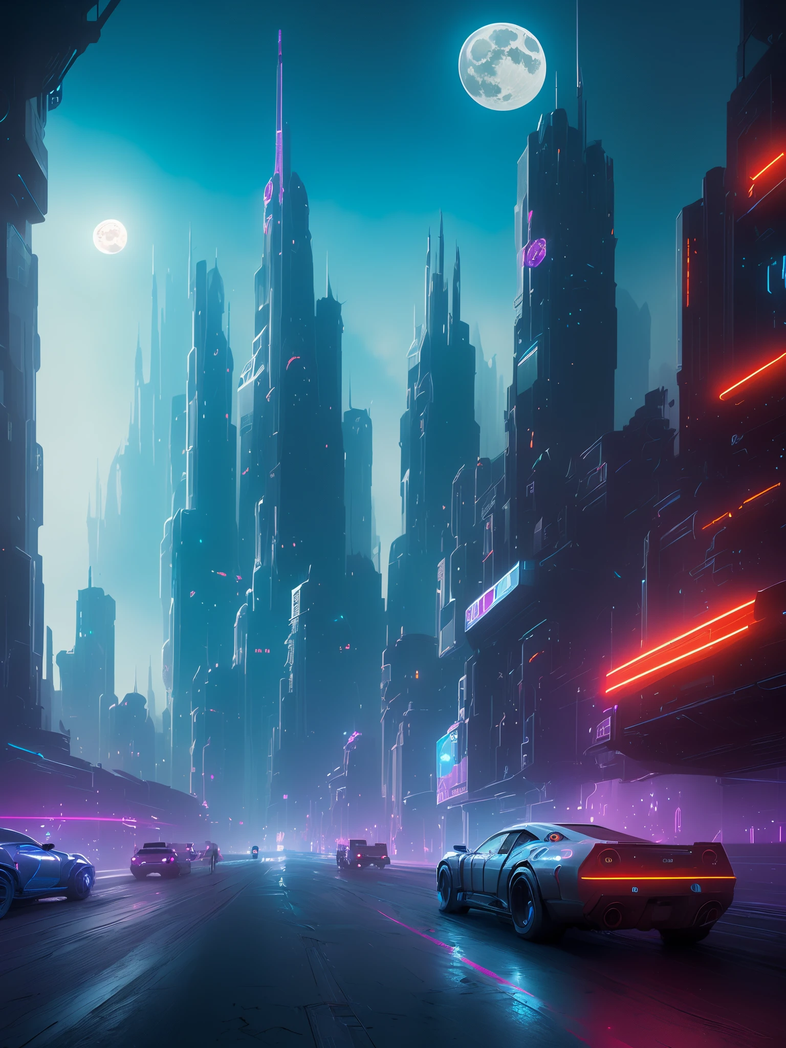 (highly detailed:1.2),(best quality:1.2),(8k:1.0),(emb-rrf-low:1.0),sharp focus,(award-winning photograph:1.2), (subsurface scattering:1.1), Futuristic cityscape with towering skyscrapers, neon-lit streets, flying cars, holographic billboards, and a full moon backdrop, by Robert Broomfield, 3D art, photorealistic, hyper-detailed, dystopian, trending on ArtStation, cinematic lighting, sci-fi, and fantasy.