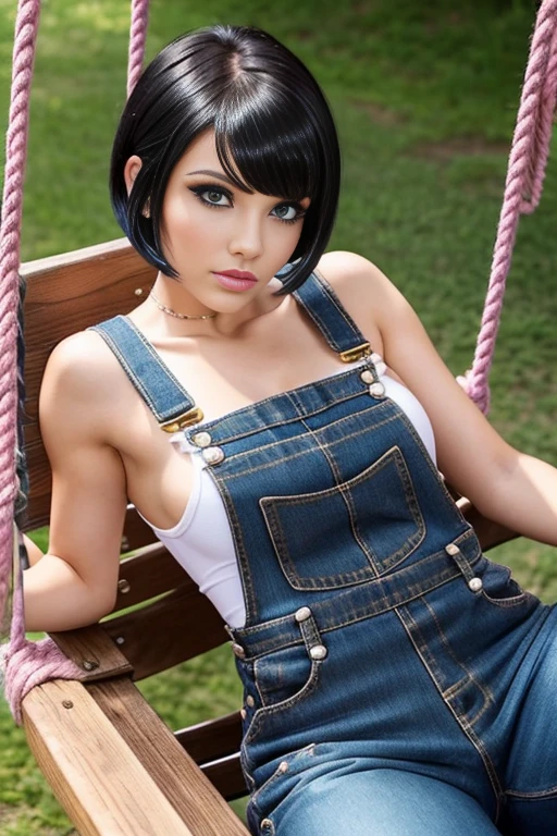 Petite 30 year old stripper with golden black hair in a short undercut pixie style with fringe completely covering one eye and striking blue eyes wearing eye liner, pink lips, wearing a dungaree with no shirt underneath, detailed face, sitting on a swing outside