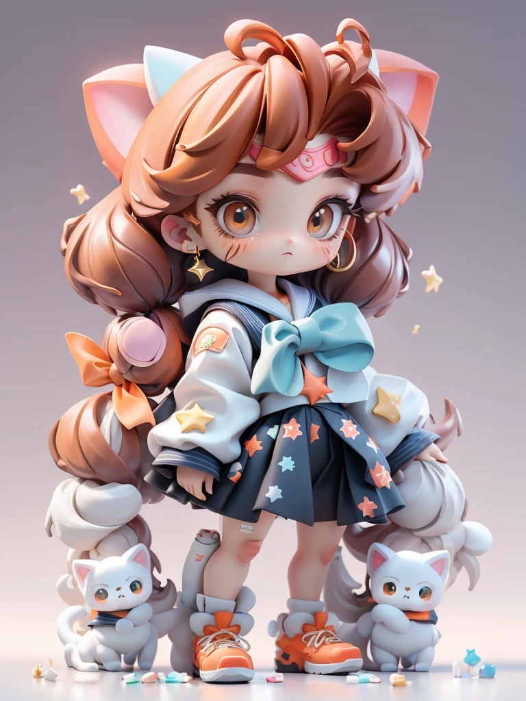 Sailor moon costumei、a sailor suit、Orange hair、orange long twin tail hairstyle、, is standing,The legs are２Boken、Facing the front、Looking at the camera、 Expressionless girl, whitish eyes, fullllbody, Chibi, Full Body Art,1girl in, human - shaped , 3 d, ( highly detailed figure ), [ Trending on CGSociety ]!!, Beautiful Girl, style as nendoroid, figurine, blender, band-aid on face, moon and star ring earrings, shapes、There is a cat