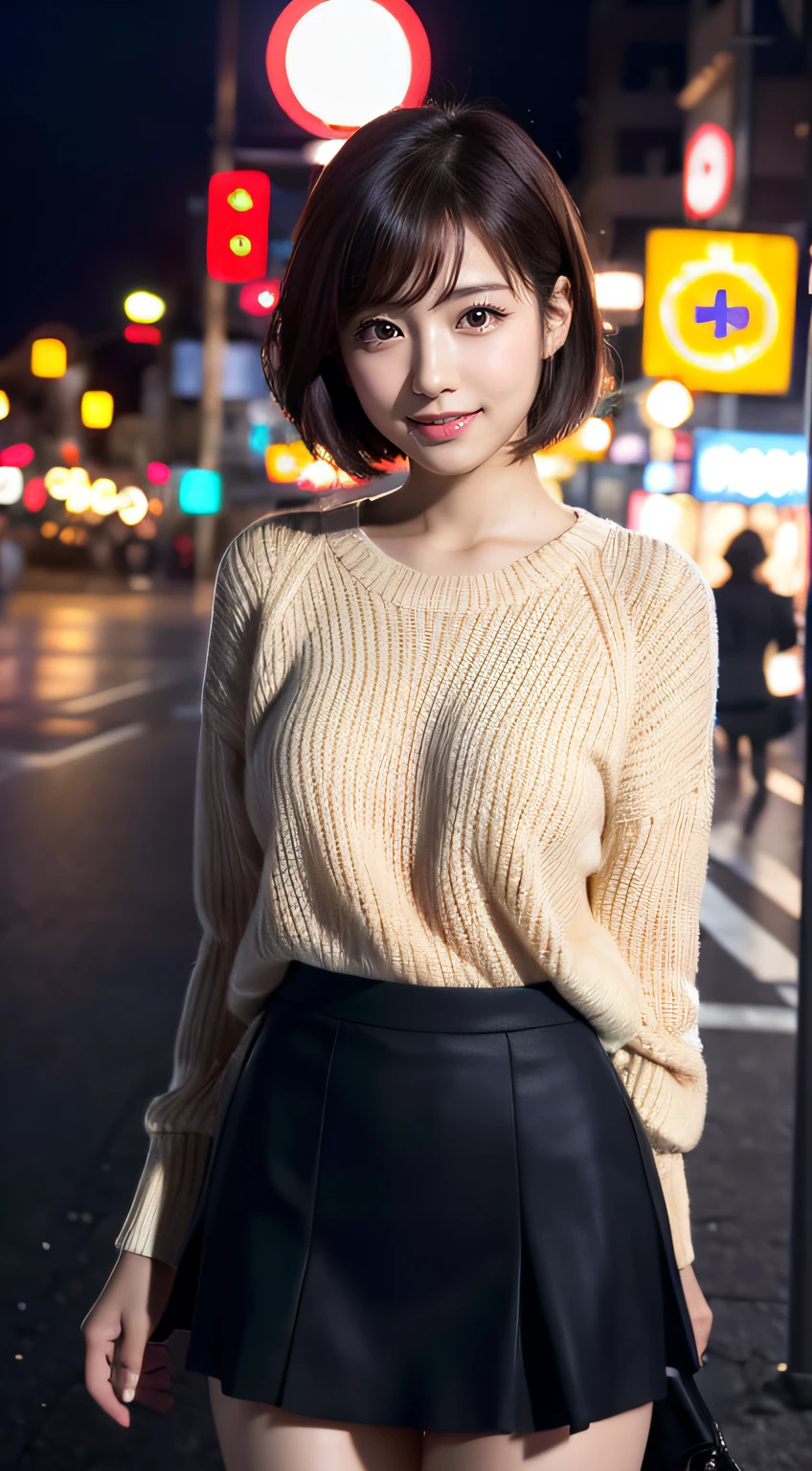 She looks happy when she sees this、Under the autumn sky、Red sweater、(8K, Raw photo, Best Quality, masutepiece:1.2), (Realistic, Photorealsitic:1.37),1girl in, Professional Lighting, Photon mapping, Radio City, Raw photo、(Photorealsitic:1.4)、Octane number renderin、Complex 3D rendering ultra detail, Studio Soft Light, Rim Lights, vibrant detail, super detailing, realistic skin textures, Detail Face, Beautiful detail eyes, Very detailed CG Unity 16k wallpaper, make - up, (detailedbackground:1.2),Best Quality, 超A high resolution, masutepiece, 1girl in,Brown-haired hair,(Shorthair),18year old,(cute face、((pleatedskirt))、乃木坂アイドル、韓国アイドル、Japan idle、(sexypose)