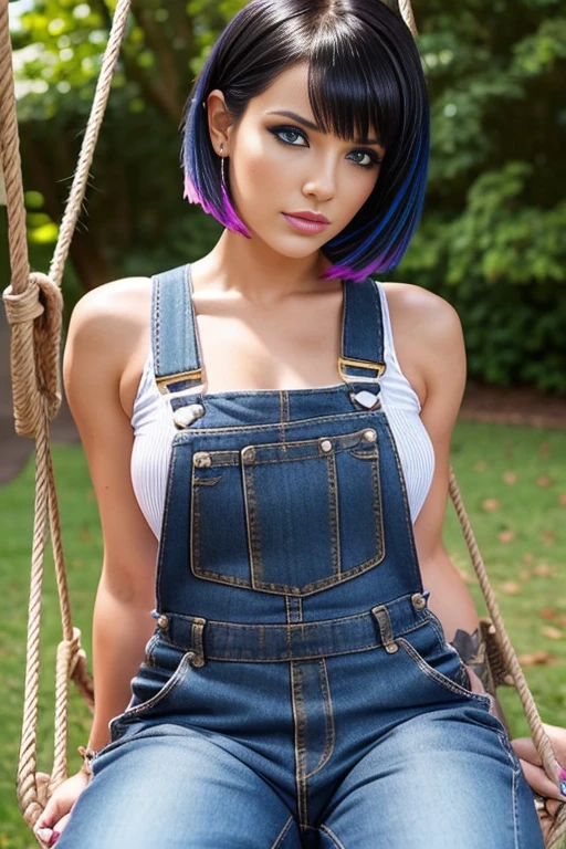 Petite 30 year old stripper with golden black hair in a short undercut pixie style with fringe completely covering one eye and striking blue eyes wearing eye liner, pink lips, wearing a dungaree, detailed face, sitting on a swing outside