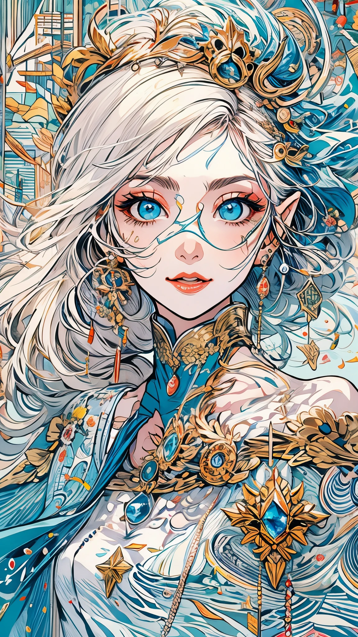 Bubl,music sheets:safety,iris compiet_airbubble,Under water,1个Giant Breast Girl,The fish,long_the hair,submerge,独奏,Eau,A princess,blond hair blue eyes,short_the sleeve,(Impresionismo:1.4),blue color eyes,elvish ears,zelda,jewely,8K,CG,Hand hidden,dynasty city background,Ancient machinery,A princess,tiara crown