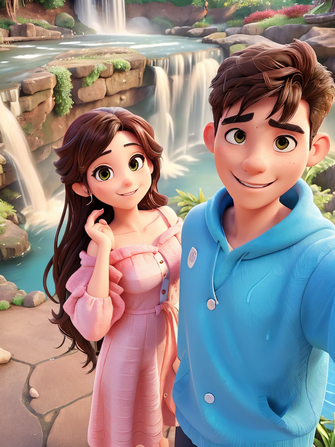 there is a man and a woman standing next to a waterfall, with a waterfalls, lovely couple, with waterfalls, candid picture, facebook post, waterfall in the background, waterfalls in the background, water fall, standing near a waterfall, next to a waterfall, couple pose, in love selfie, waterfall!!!!!, very accurate photo, cute photo, very very low quality picture