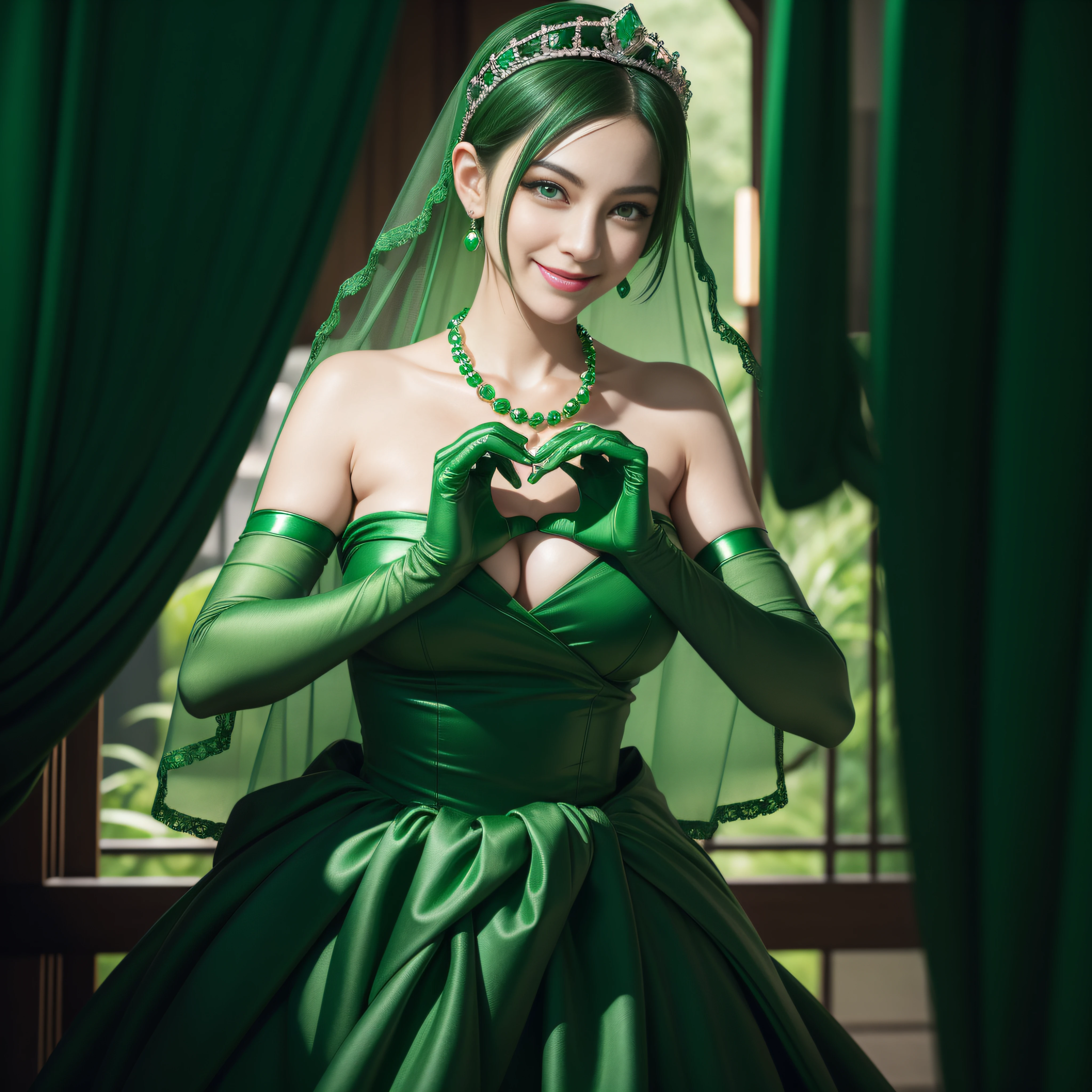 emerald tiara, Green Pearl Necklace, Boyish very short green hair, lipsticks, Japan woman smiling, very short short hair, big breasts beautiful, Green eyes, Long green gloves made of satin material, Green eyes, Emerald Earrings, green vale, Heart with both hands
