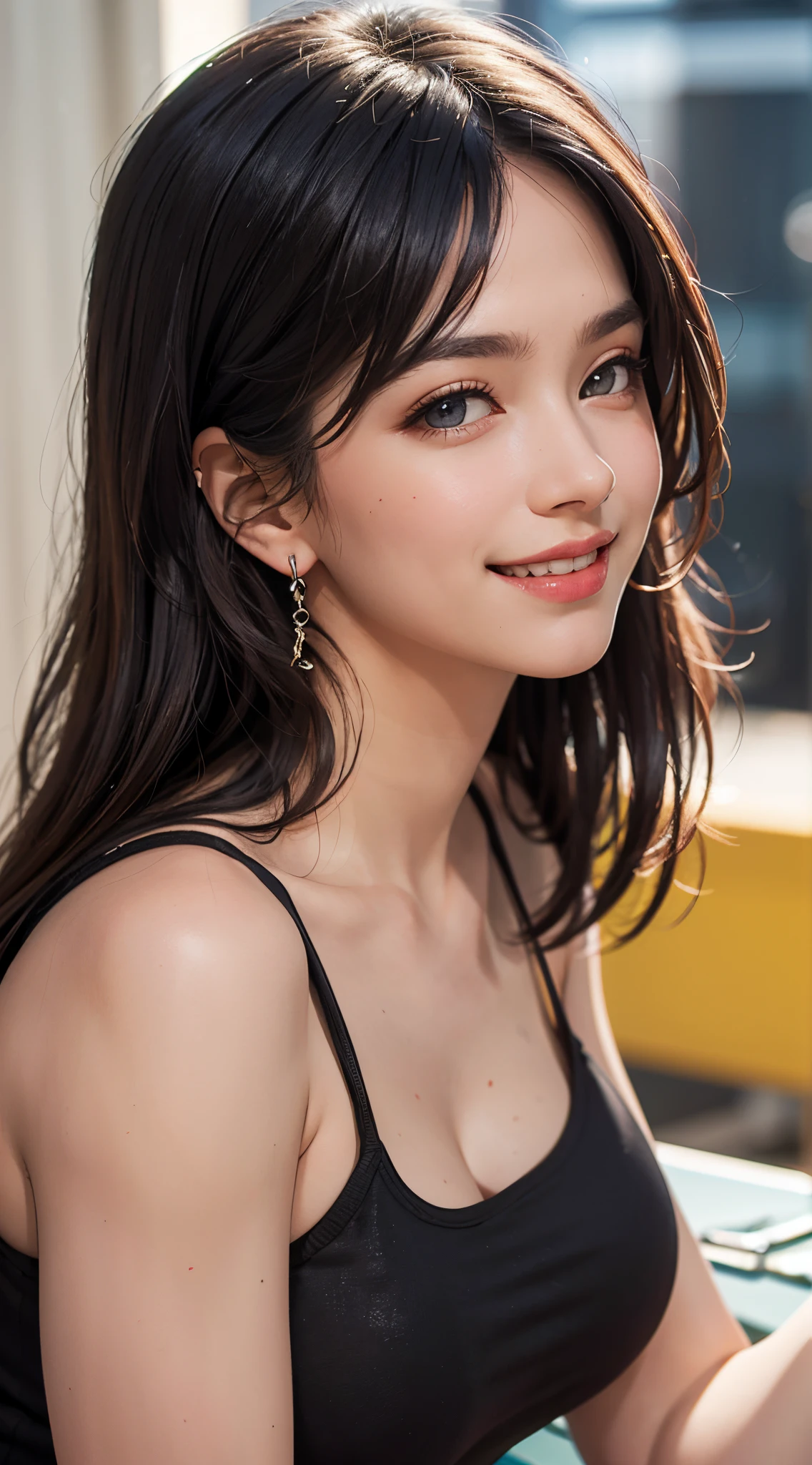 (best quality, 4k, 8k, high-res, masterpiece:1.2), ultra-detailed, (realistic, photorealistic, photo-realistic:1.37), (beautiful detailed eyes, beautiful detailed lips, extremely detailed eyes and face), studio lighting, physically-based rendering, vivid colors, (big tits, super big tits, super extra big tits, glamorous body), (tank top), cylinder earrings, (portrait, long black straight hair, smile and laugh, shiny hair, shiny skin), (blurred background:1.37), (tilt your head to the side, :1.5),