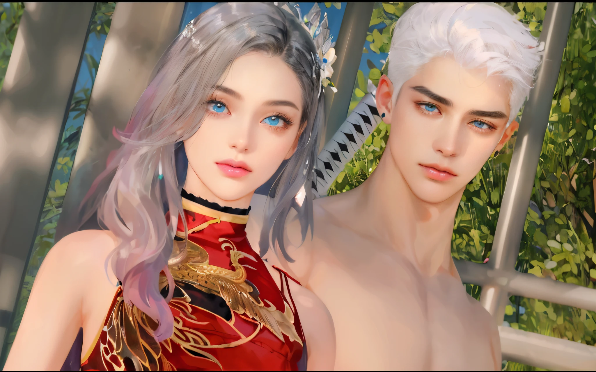 (absurdly , high quality , masterpiece , ultra detailed), ( detailed to hand ) (detailed to eyes) (detailed to face) , couples, 1 man (short black Quiff hair with Soft Fringe, bangs part on side 3:7 ratio) and 1 woman (short black hair with fringe) love ,pretty eyes (blue eyes) , black hair, fantasy, detailed background, soft light
